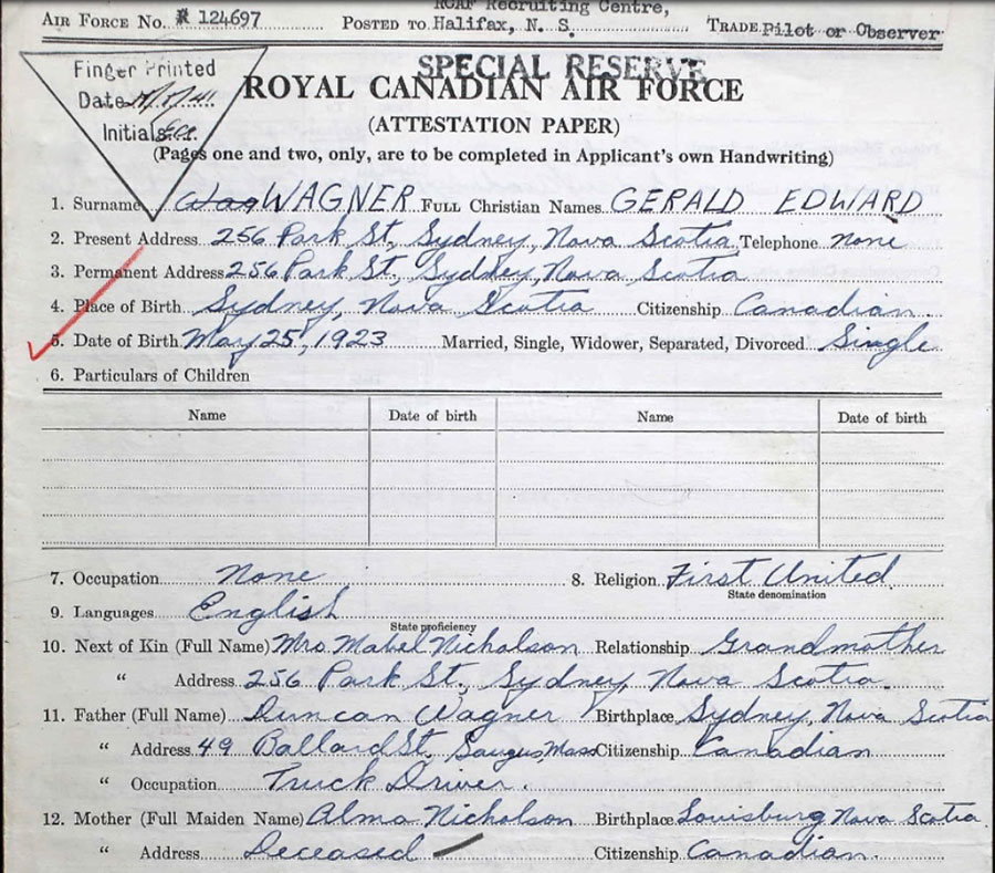 Gerald Edward Wagner's attestation paper for the Royal Canadian Air Force