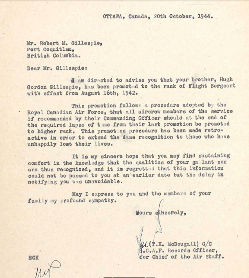 hugh gordon gillespie promotion letter